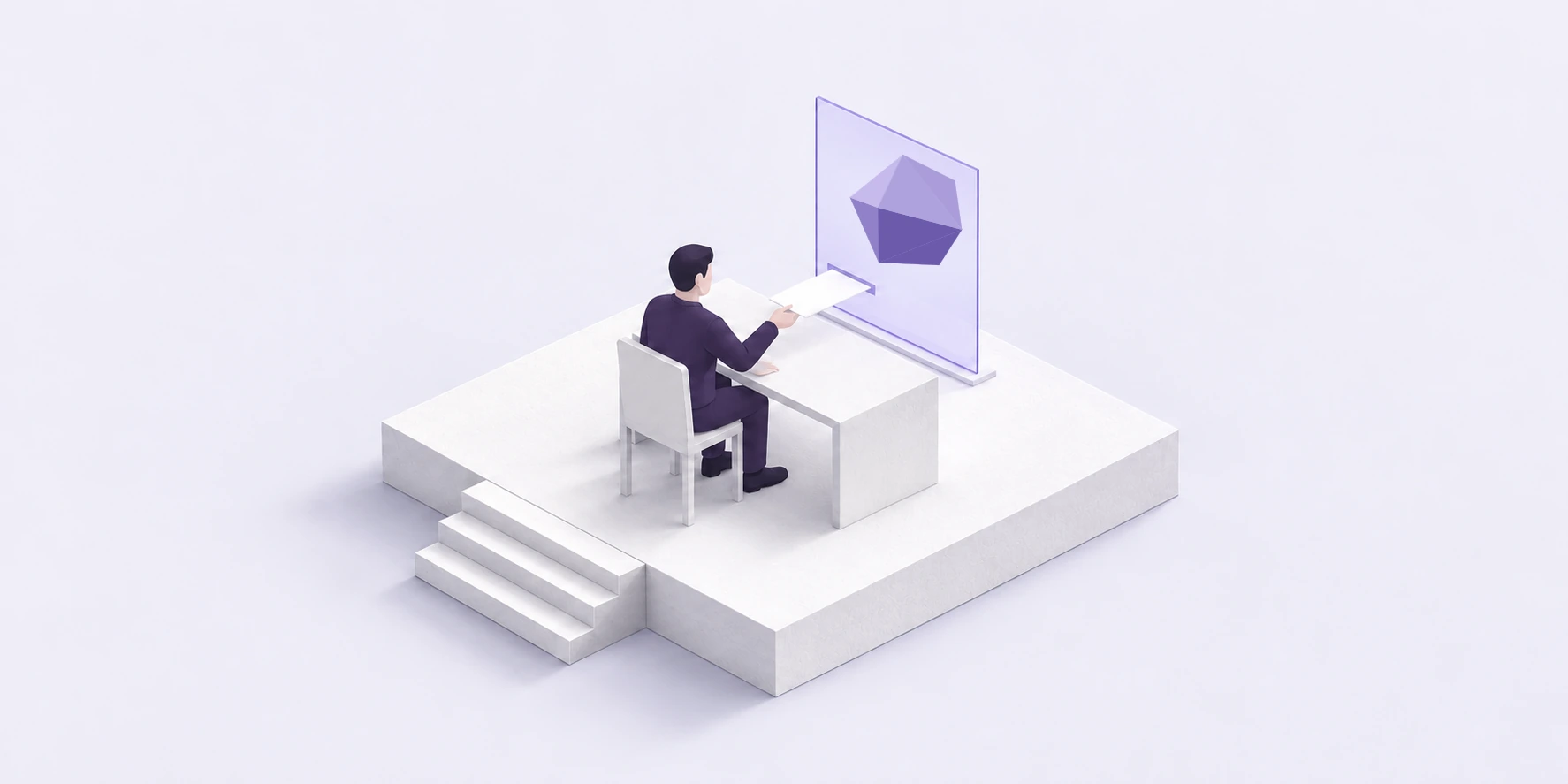 One person at a desk getting an answer from an AI inside a screen.