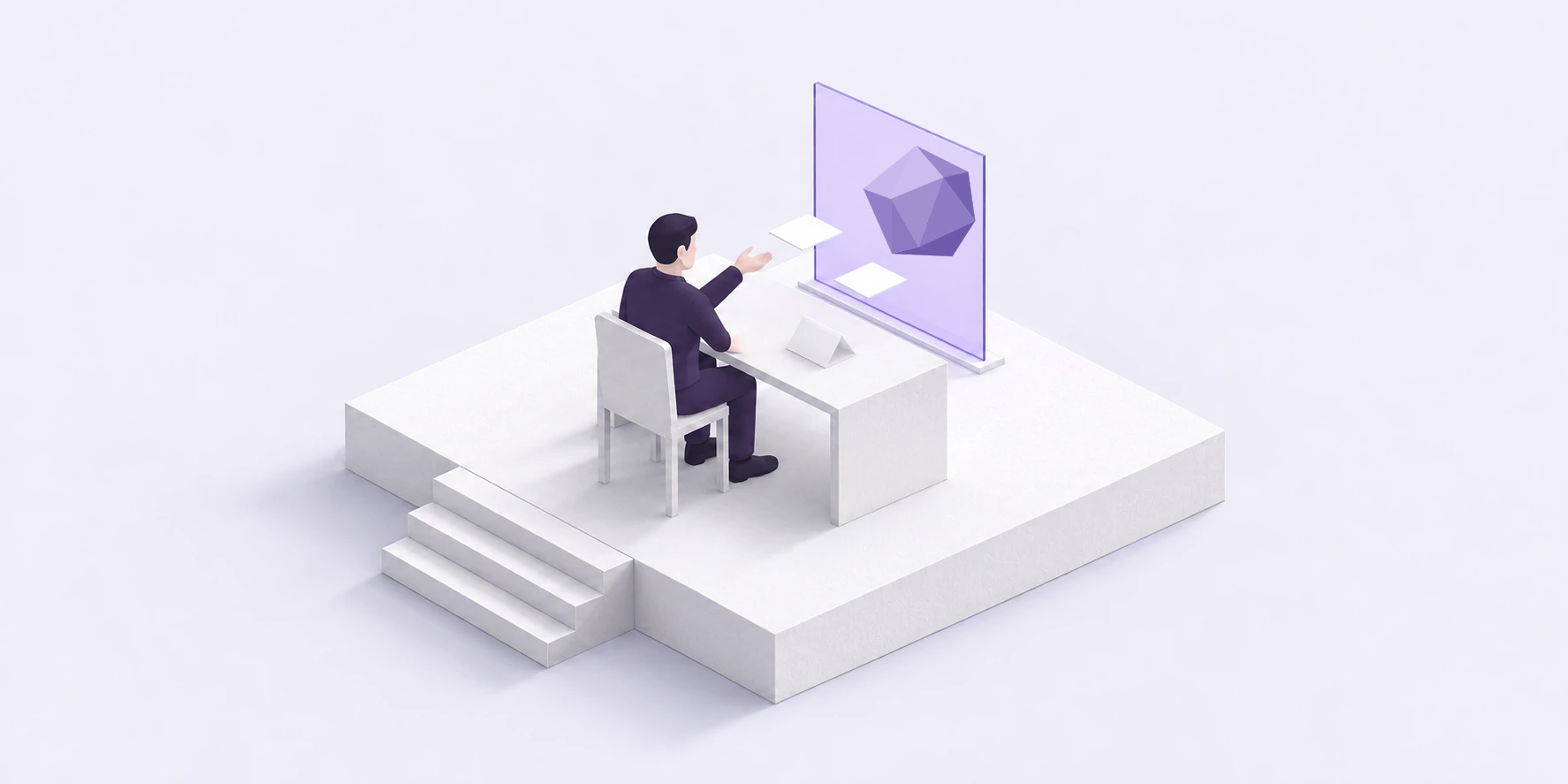 A person and an AI on a screen trading questions across one desk.