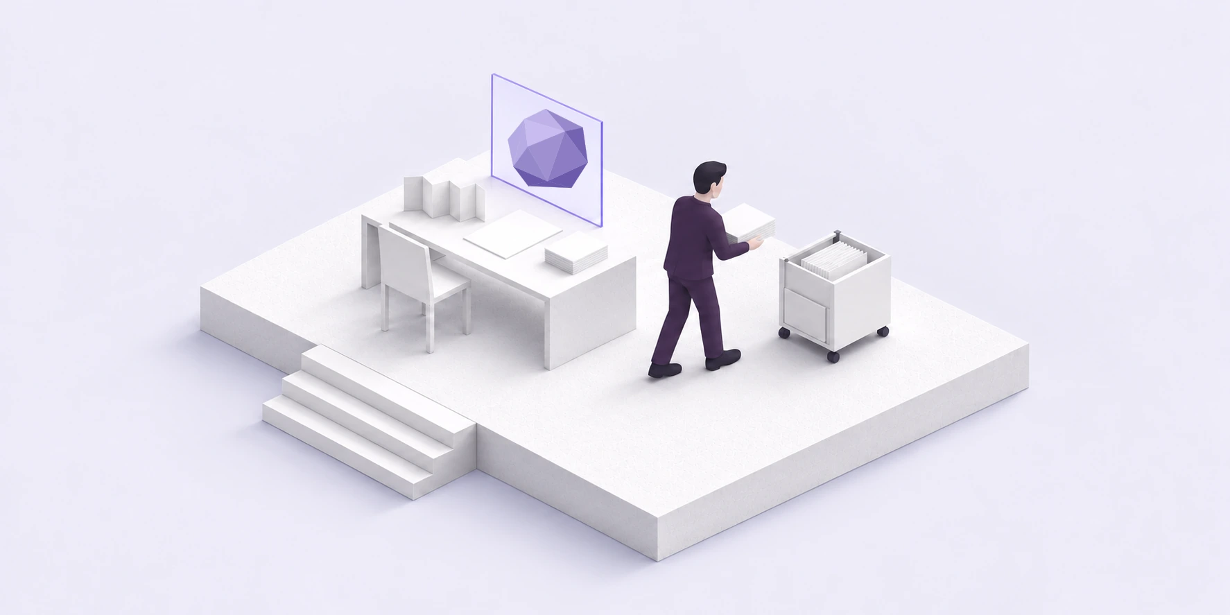 The AI hands over finished materials; the person carries them into work trays by hand.