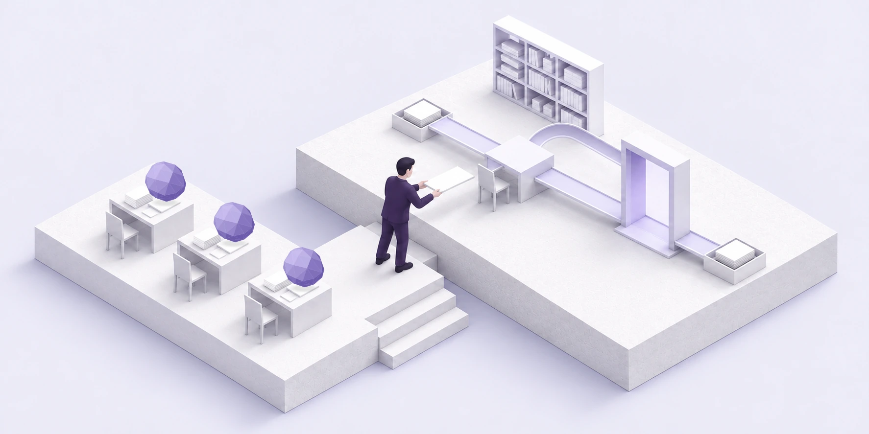 A person builds one process, with a review and a send-back for rework.