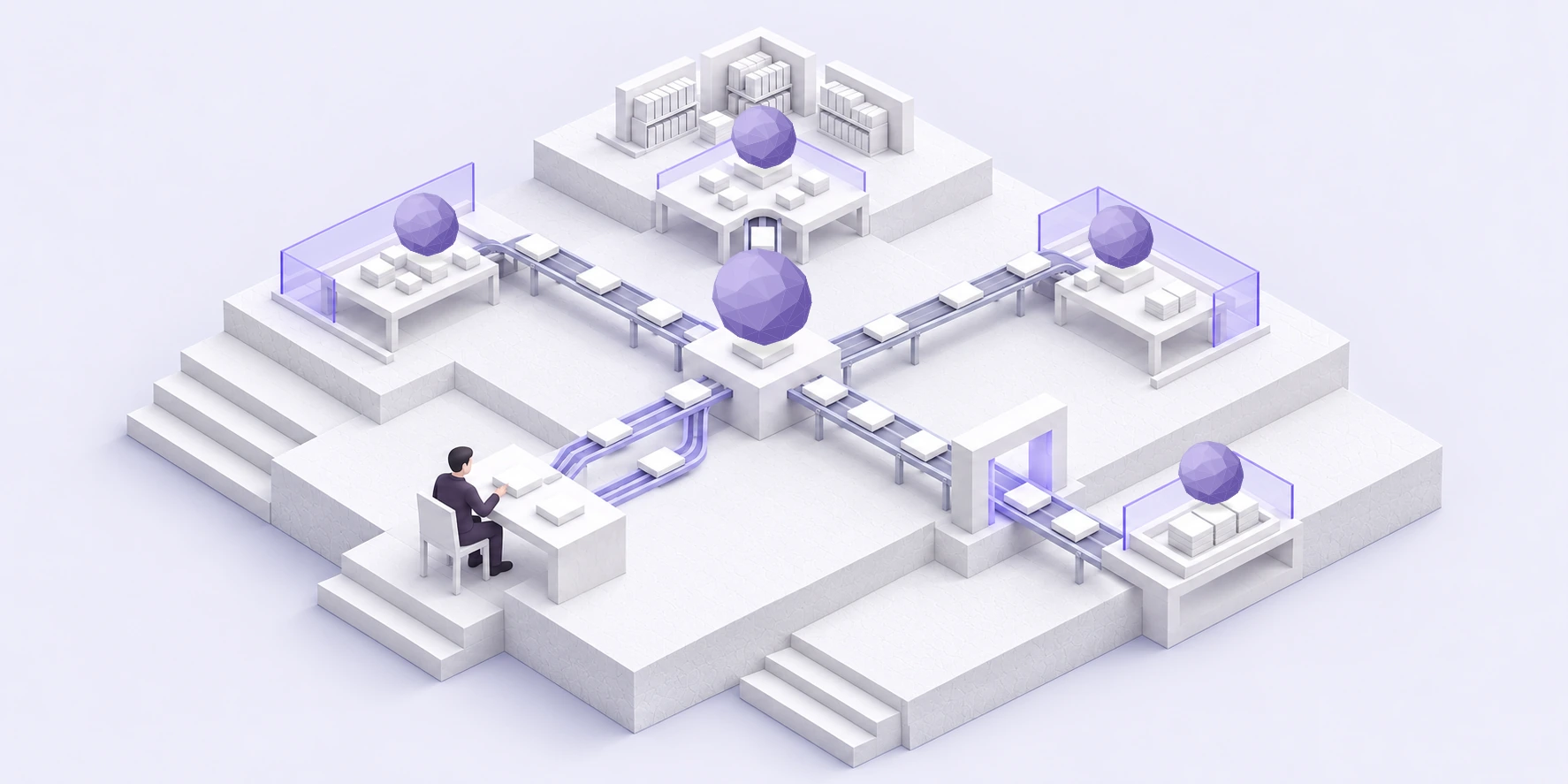 An orchestrator links the agents' work; the person makes only the decisions set aside for them.