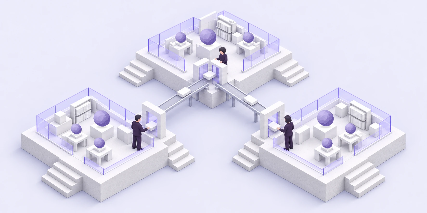 Micro-teams of different people exchange results across agreed borders.